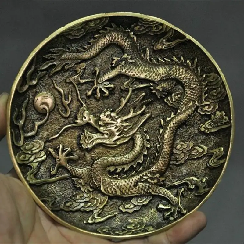 

Old China Dynasty Pure Bronze Copper Zodiac Animal Dragon Statue Plate Dish Tray