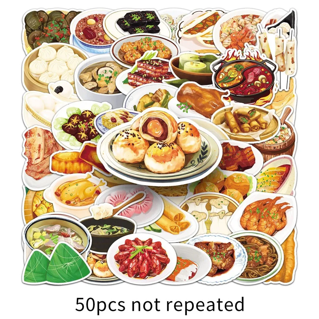 50 pegatinas de cocina tradicional china dibujadas a mano, pegatinas de grafiti de comida sabrosa para olla caliente y baozi para equipaje