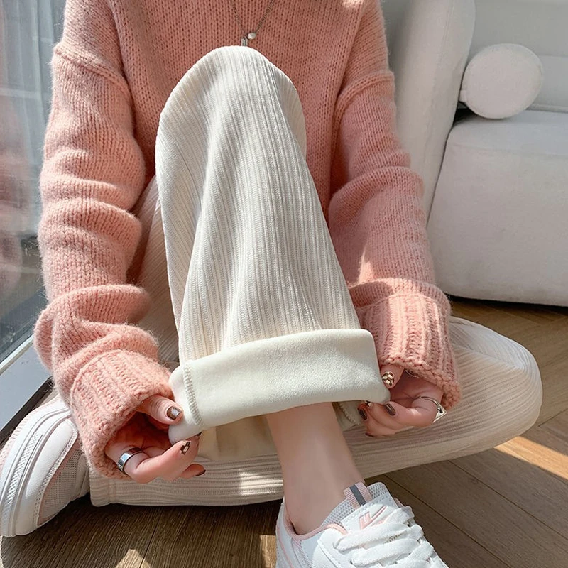 

Женские осенне-зимние свободные прямые брюки с высокой талией, теплые флисовые брюки и широкие брюки, полосатые пижамные штаны