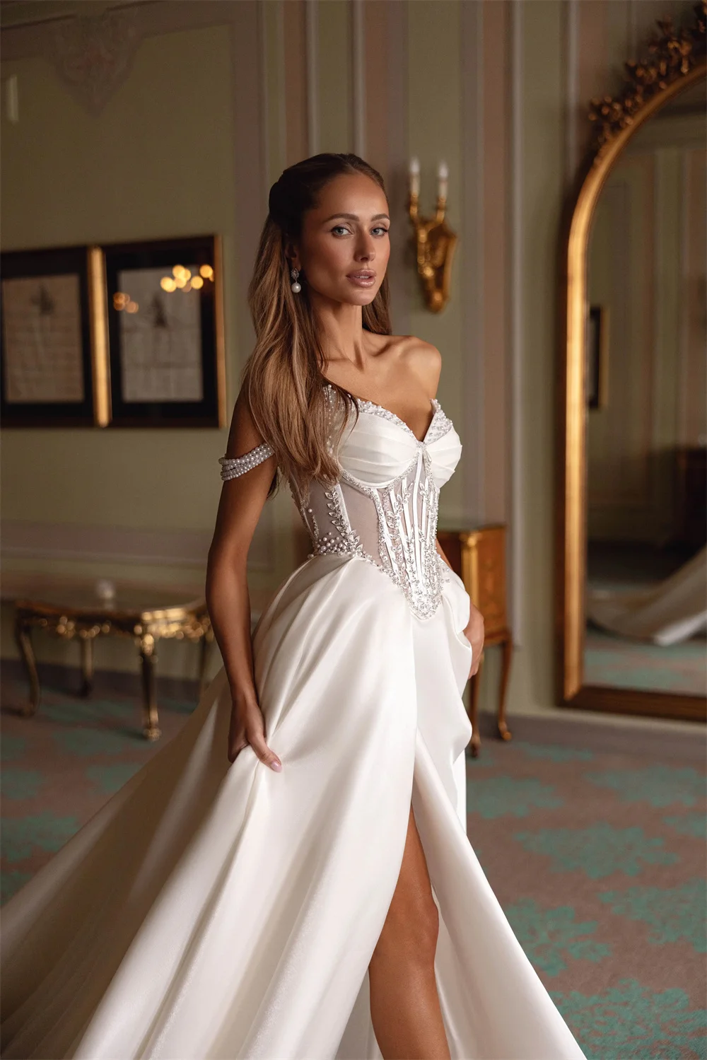 Kyoto personalizzato bianco con spalle scoperte perle abito da sposa spacco alto laterale abiti da sera a-line lungo strascico da sera formale 2025