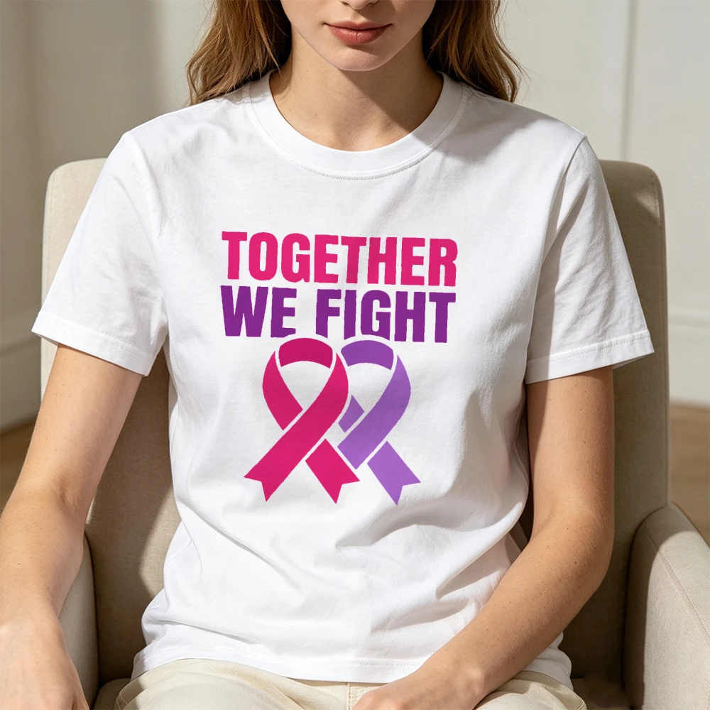 Together We Fight Dual Ribbon Motif Women Fall Short‑Sleeve Top Urban Daily Tee Breast Cancer Support Keepsake for Her Gift Tops