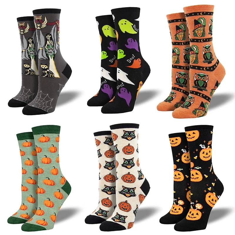 Calcetines de algodón con estampado de calabaza para mujer, medias de tubo medio, divertidas y creativas, cálidas para Halloween e invierno, regalos Unisex