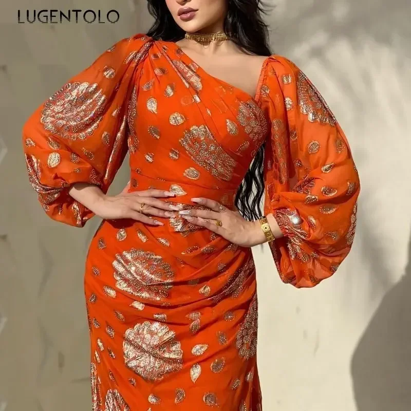 Sequins Sexy Dress Women Chiffon Long Sleeve Dance Orange Party Lady Slim Empire Elegant Spring Summer Maxi Dresses