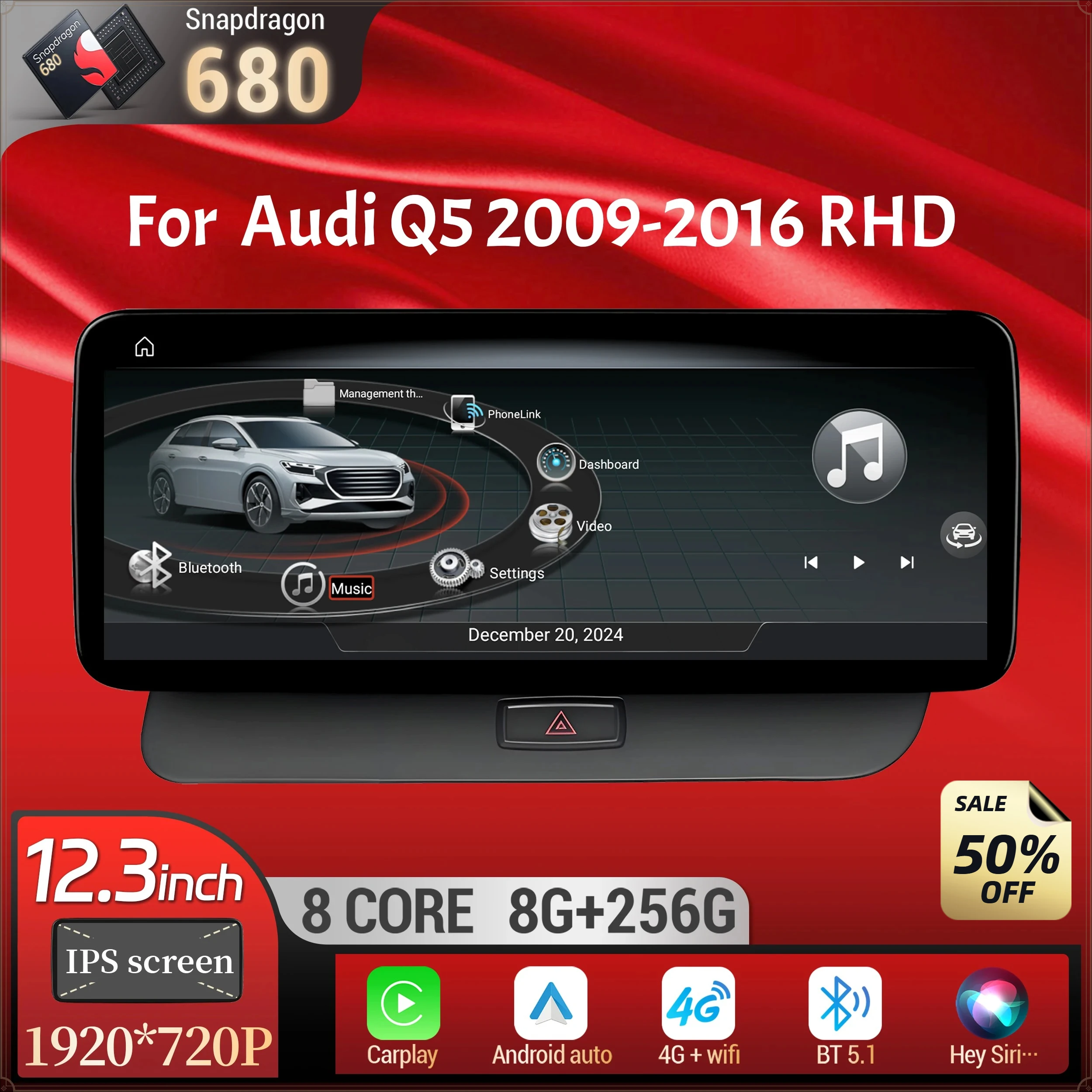 

12.3 inch Android 14 Right Hand Drive Car Radio For Audi Q5 2009-2016 Wireless BT Carplay Qualcomm Snapdragon 680 System Screen