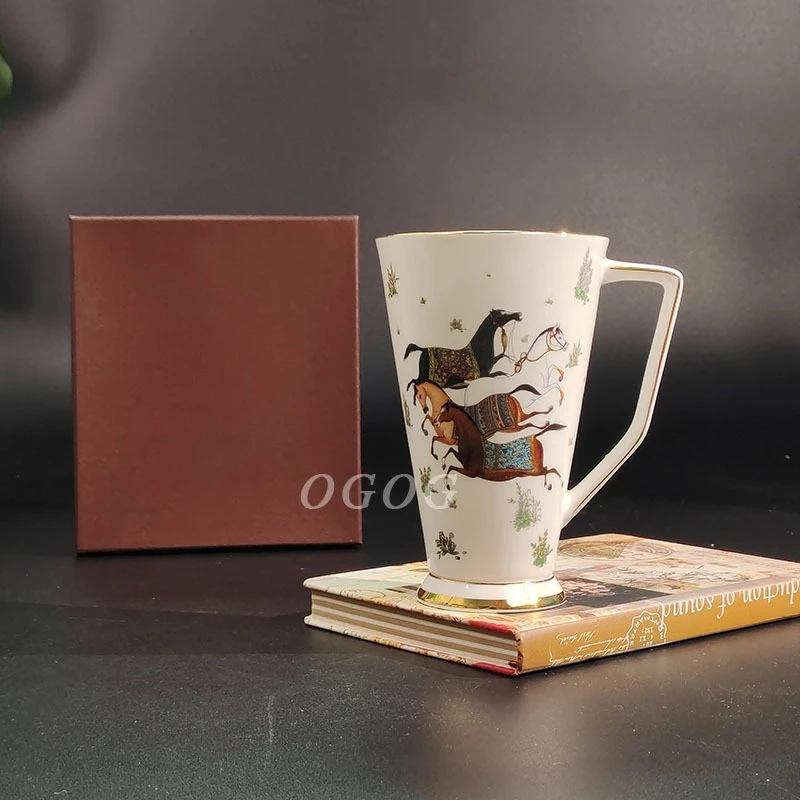 

Bone China Coffee Cup with Gold Edge and Horse Pattern Office Gift and Souvenir Porcelain Mug