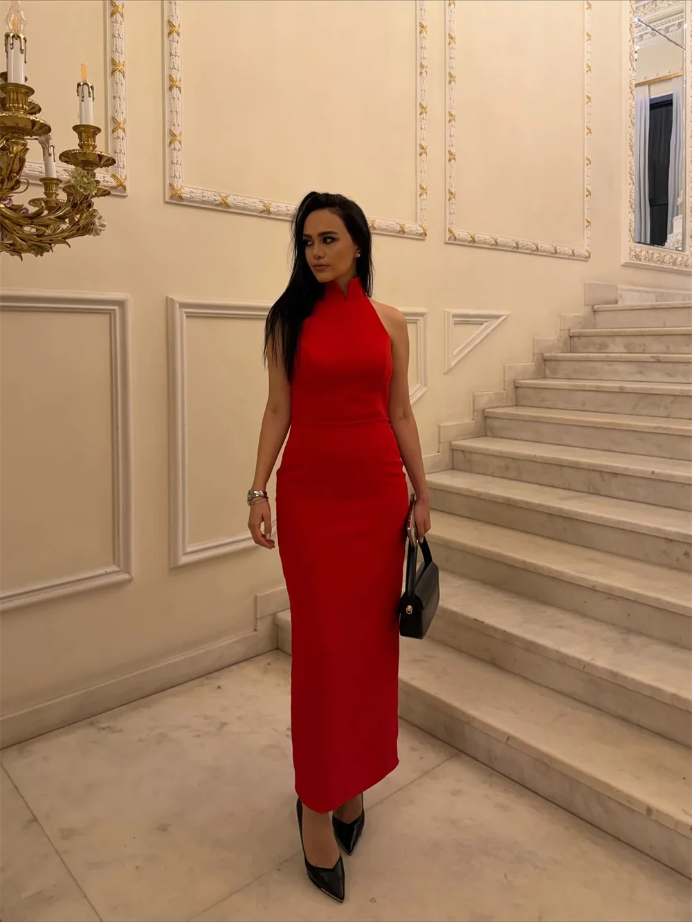 Clássico decote alto sereia formal vestido de baile sem mangas alta fenda mulher vestido de festa comprimento do tornozelo vestido de noite personalizado