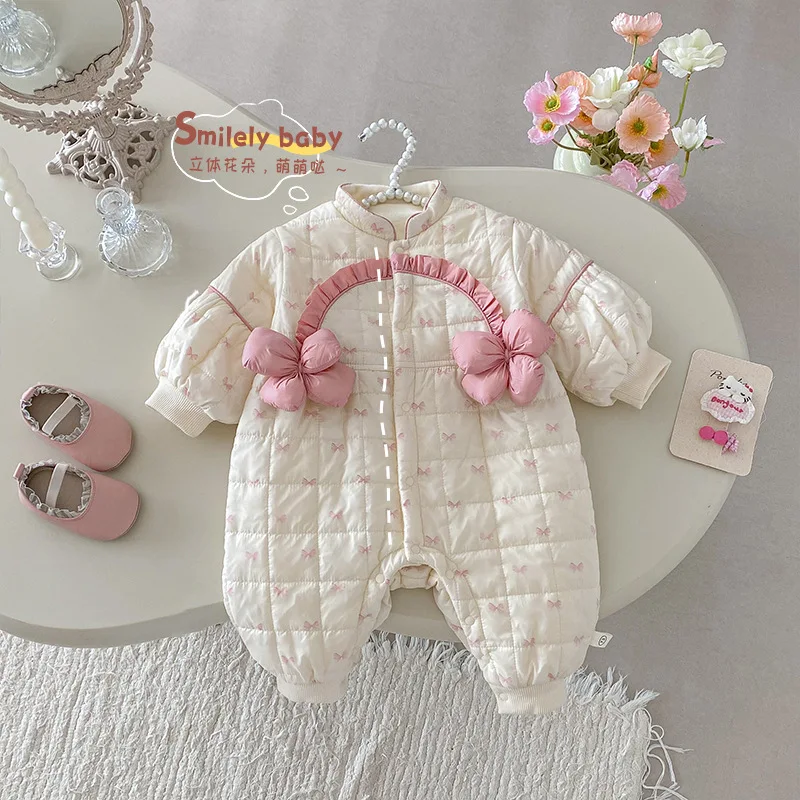 Baby Super Cute Jumpsuit 0-2 Years Old Winter Baby Girl Cute with Plush Cotton Crawling Clothes for Newborns