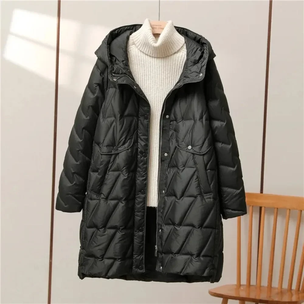 90% White Duck Down Jacket 2024 New Winter Women Fashion Loose Relaxed and Versatile Slim Hooded High Quality Women Puffer Coat