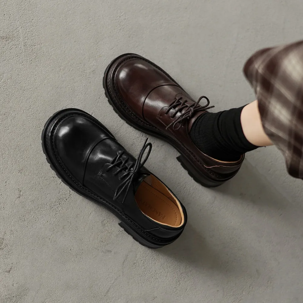 2026 Spring Autumn Classic Women's Genuine Leather Flat Loafers Round Toe Lace-Up Solid Color - for Dating Outing & Daily Wear