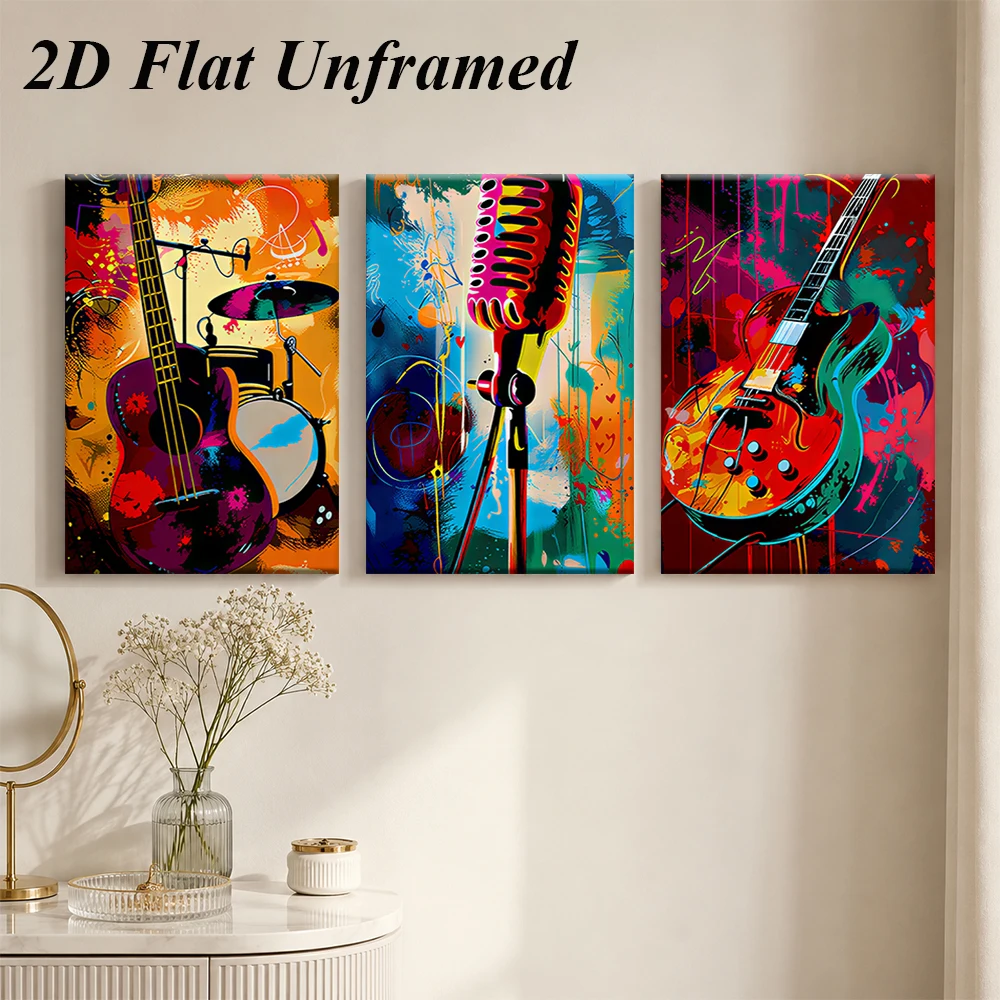 1 set of modern music theme triple frameless decorative paintings, guitar, microphone, drum elements, 2D plan