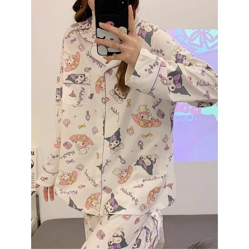 Sanrio Kuromi Seidenpyjama Damen Herbst Cartoon reine Baumwolle Langarmhose locker lässig Loungewear Pyjama Set