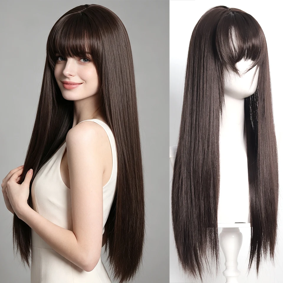 Synthetic 26 inch long straight bangs wig full head cover suitable for women's daily parties Halloween and Christmas styling