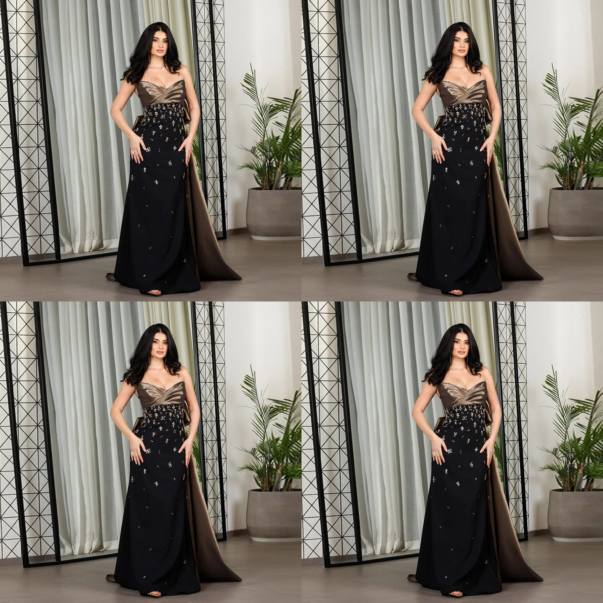 

Charming Off Shoulder Satin Beaded Crystal Sheath Backless Floor Length Evening Dress Sweep Train Party Gown with Bow Customized