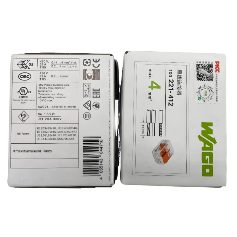WAGO 221‑412 221‑413 221‑415 221‑612 613 615 221‑2411 2401 Box‑Packed Lever Wire Connector Quick Push‑in Splice Terminal Block
