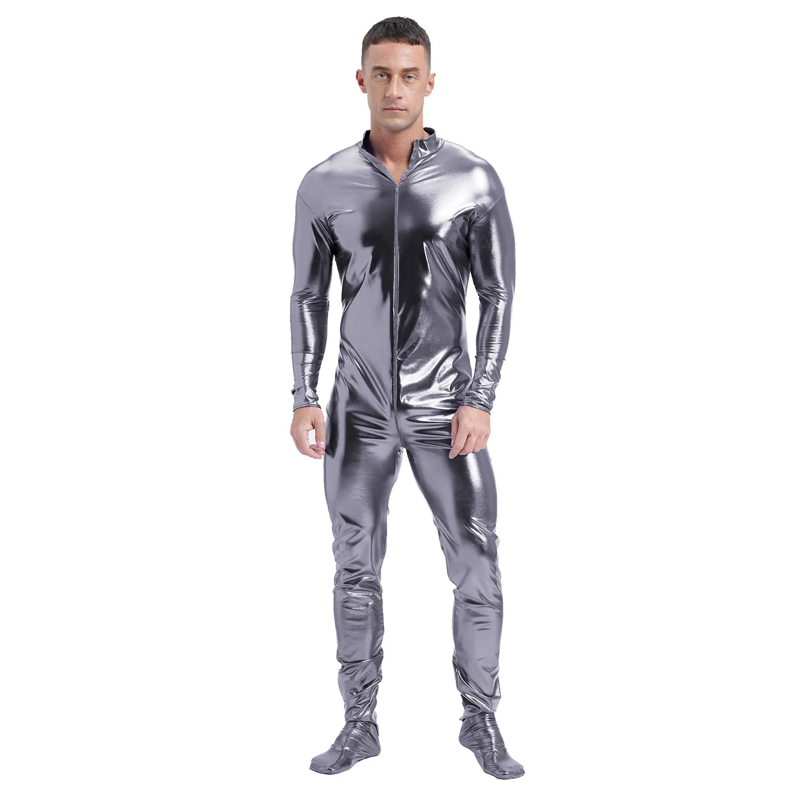 Tuta da uomo Zentai metallizzata lucida Body a maniche lunghe con cerniera frontale collant Unitard per tutto il corpo Homme Performance Stage Clubwear