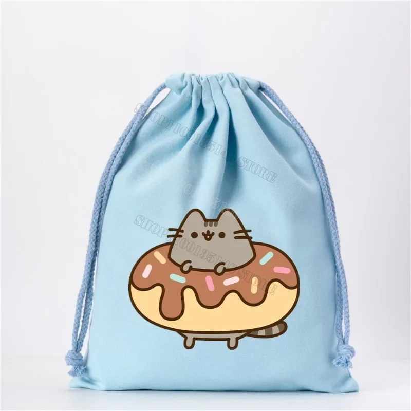 Pusheen Cat Canvas Drawstring Bag Cartoon Printed Cute Drawstring Handbag Anime Travel Outdoor Storage Bag Child Christmas Gifts