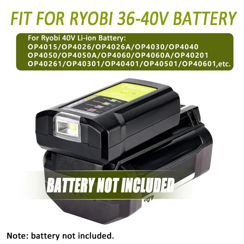 Caricabatterie adattatore per utensili elettrici con luce da lavoro a LED per batteria agli ioni di litio RYOBI 36-40V con uscita USB Type-C 5V 2.1A