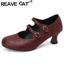 REAVE CAT Brand Ladies Pumps Round Toe Double Buckle Strap Strange Heels 6cm Sweet Dating Female Shoes Big Size 48 49 50 Spring