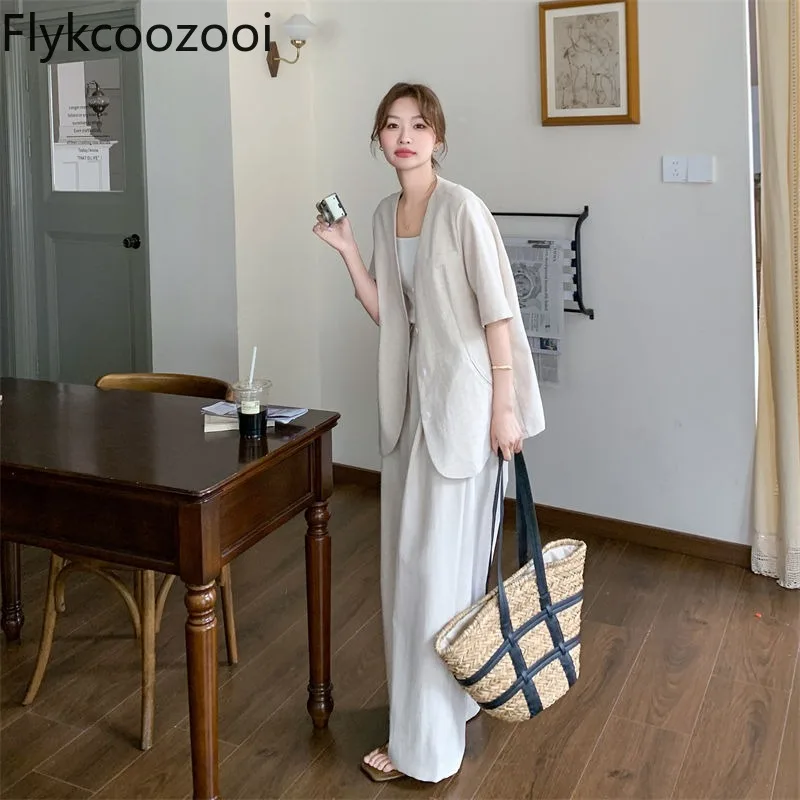 

V-neck Short Sleeve Single Breasted Suit Coat Women Empire-waisted Wide Leg Pants Summer Lady Elegant Trendy Solid Outfit