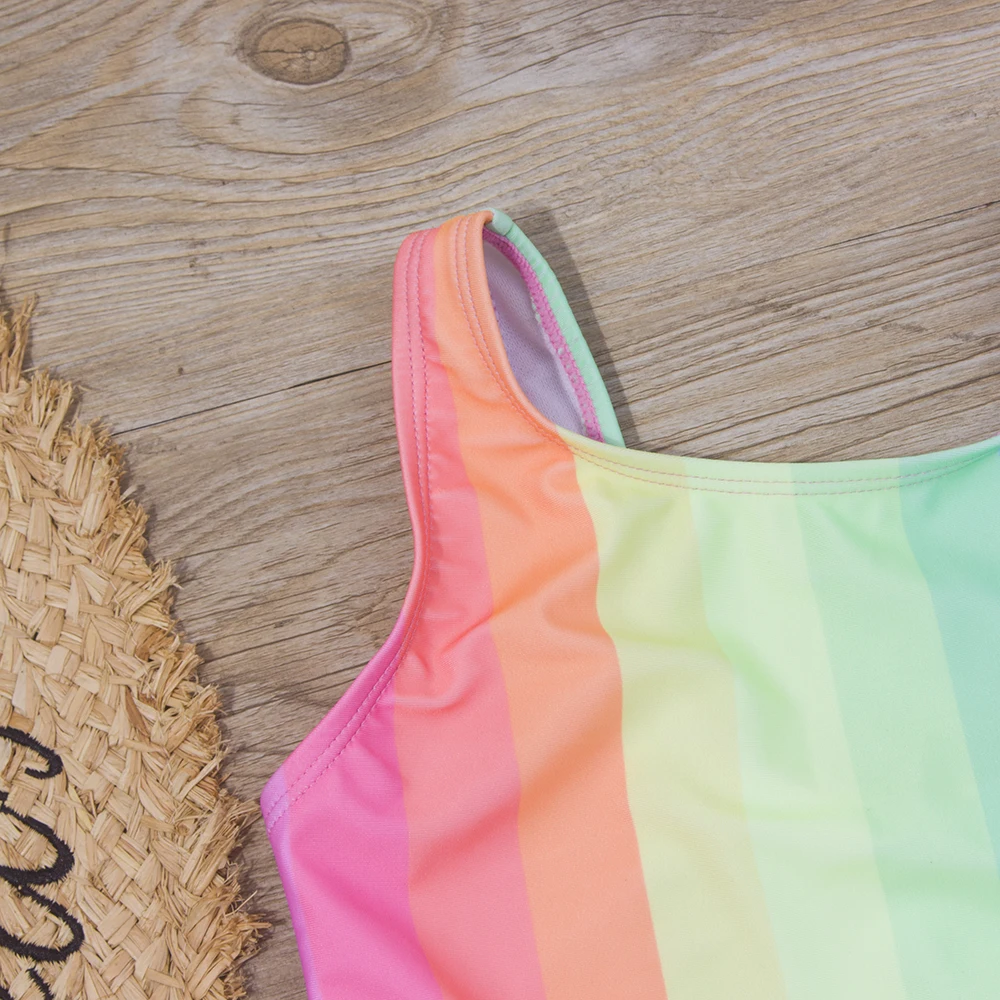 Rainbow Print Children Girl Swimwear Swimsuit 2023 Belt Deco Child Girls Kids One Piece Swimwear Summer Beach Baby Monokini