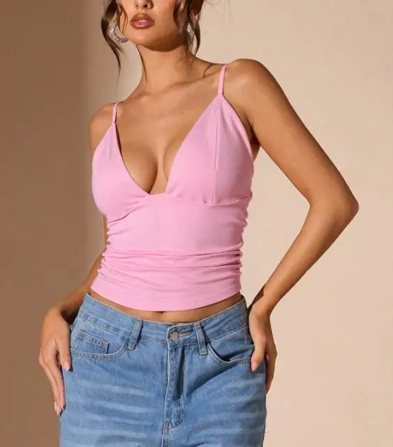 

Fashionable French Sweet Sexy Pink V-Neck Slim Short Strap Tank Top Women's Casual Comfortable Breathable Summer Top