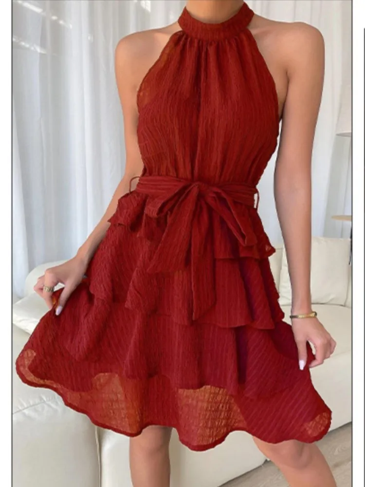 

Summer Fashion Women Dress 2025 Hot Style Lace Halter Neck Style Patchwork Sleeveless Lotus Leaf Temperament Mini Beach Vestidos
