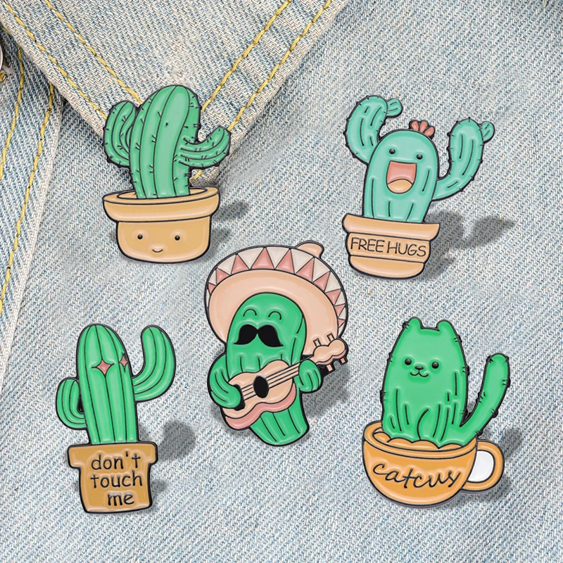 Pins Custom Don't Touch Me Brooches Lapel Badges Green Plants Guitar Concert Funny Jewelry Gift for Friends Cute Cactus Enamel