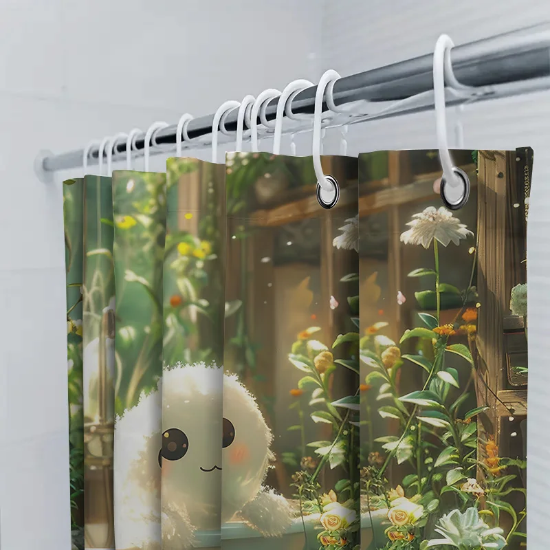 Adorable Cute Creature Shower Curtain for Bathroom - Soft and Plush Design with Floral Background Waterproof  Durable Easy-Clean