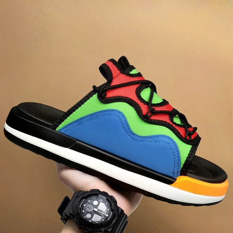 

Модные мужские тапочки большого размера, новая летняя одежда, нескользящие мужские сандалии на мягкой подошве с одним словом на платформе