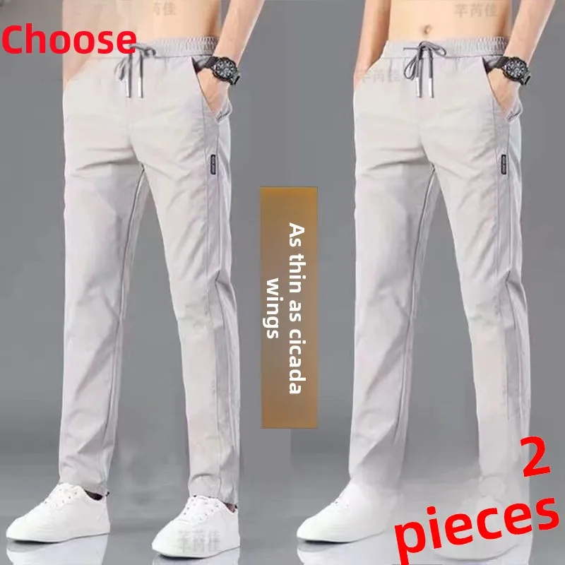 بنطلون رجالي رفيع للربيع والصيف، سروال مستقيم فضفاض مرن من الحرير الصناعي، بنطلون رياضي طويل للشباب بخصر مرتفع ومرن