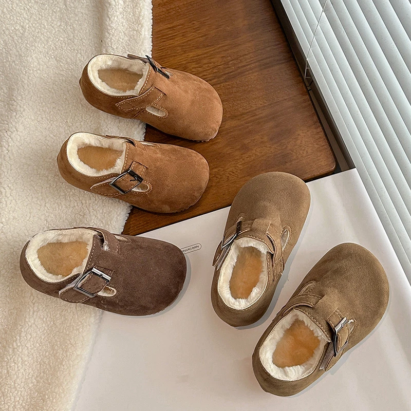 

Warm Fleece Lined Leather Shoes for Girls 2025 New Winter Toddler Walking Shoes Soft Sole Simple Retro Kids School Casual Flats
