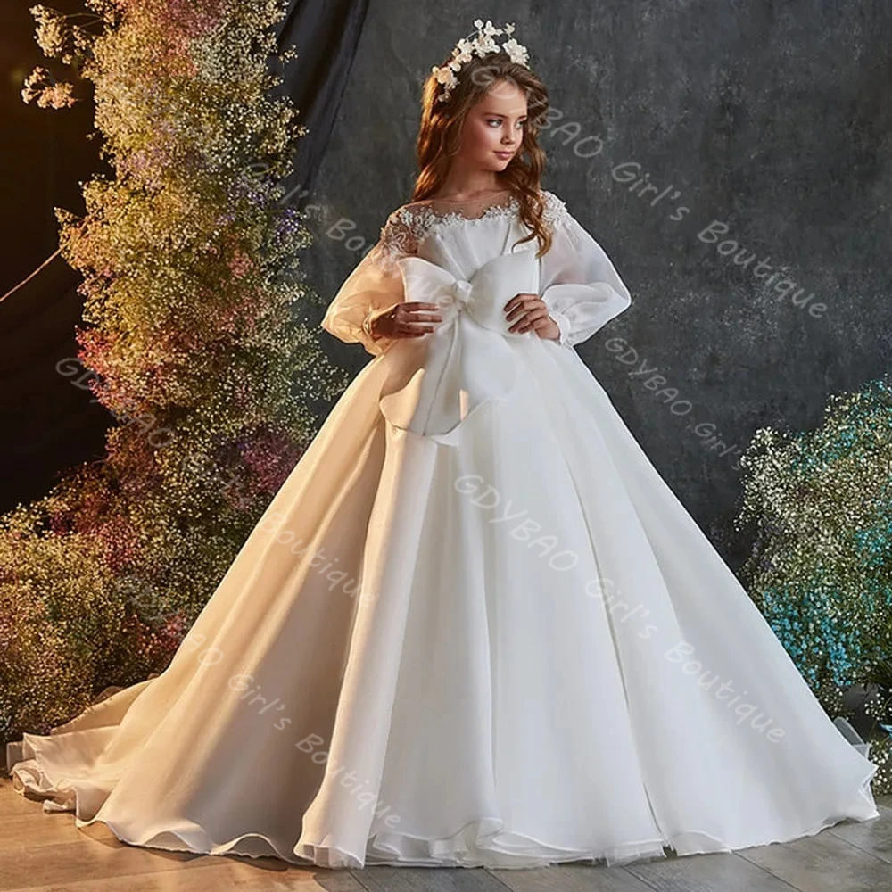 맞춤형 여자아이 첫 영성체 드레스 시스루 넥 풍선 소매 웨딩 플라워 걸 드레스 가슴 리본 키즈 파티 볼 가운