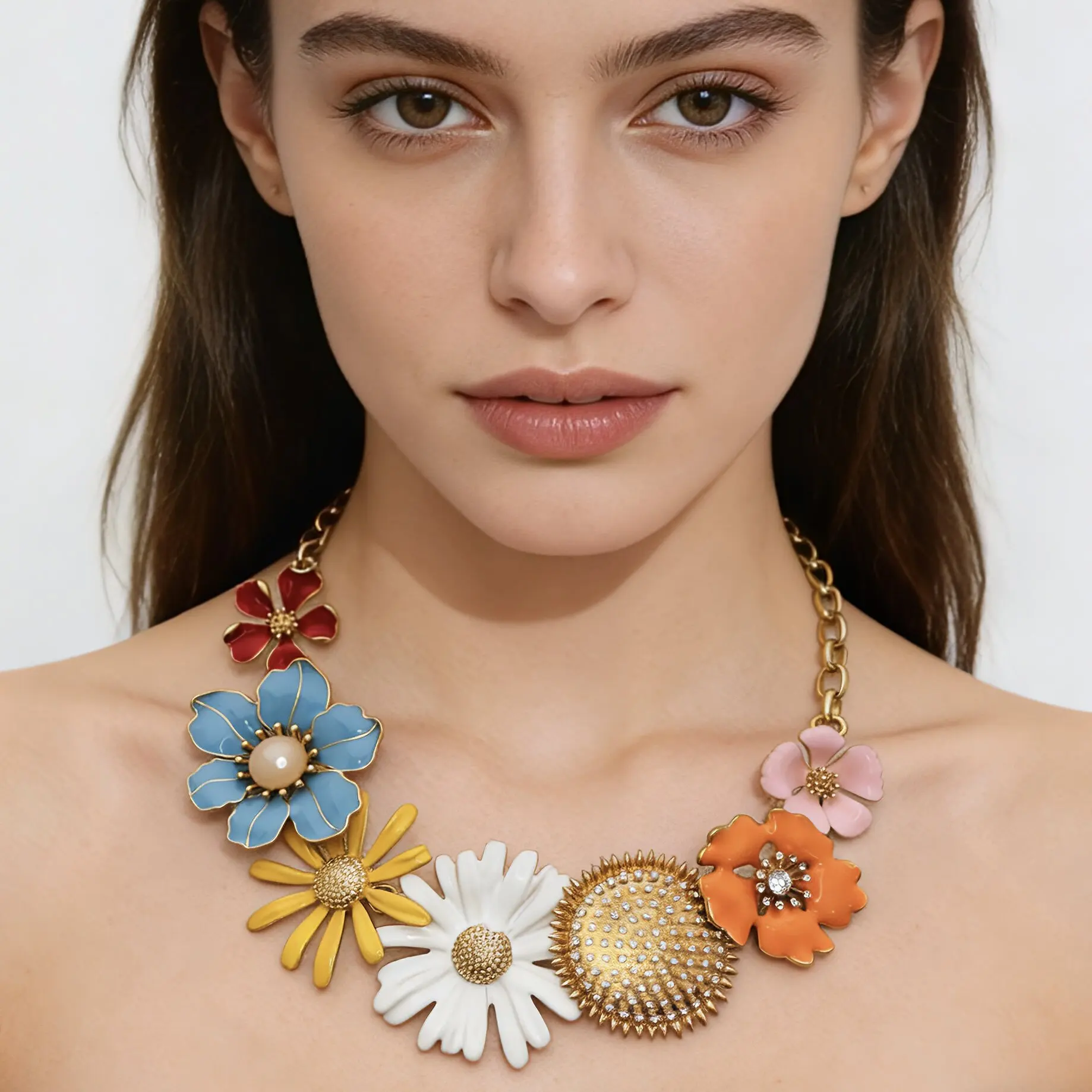 Europe America Brass Gold Plated Enamel Flower Exaggerated Large Necklace Women Banquet Party Jewelry Os