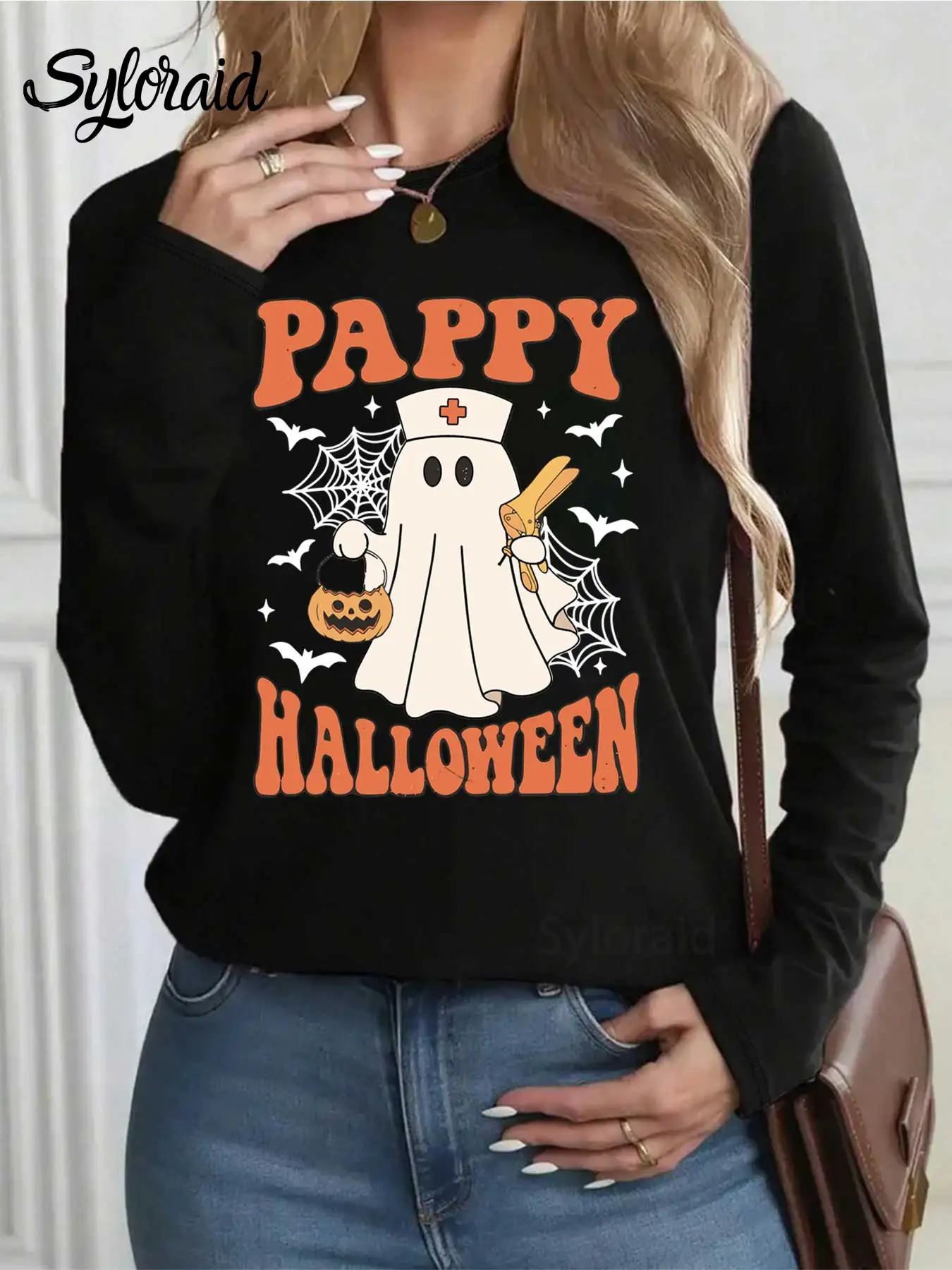 المرأة طويلة الأكمام تي شيرت OBGYN ممرضة شبح تي شيرت هالوين شبح مع منظار قميص موضة الجولة الرقبة رداء علوي غير رسمي #2