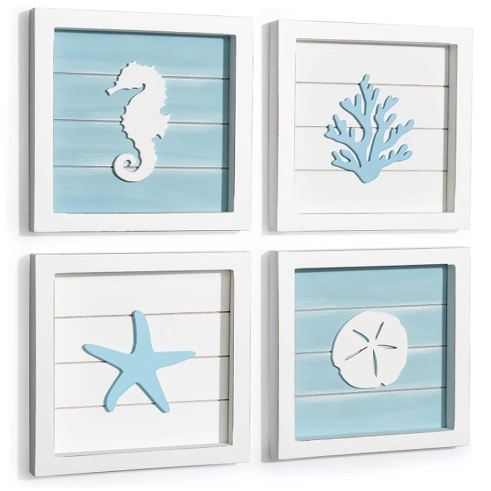 Ocean Theme Wall Decor Rustic Beach Decor with 3D Starfish Seahorses Wooden Frame Sign Beach Bathroom Decorations For Home