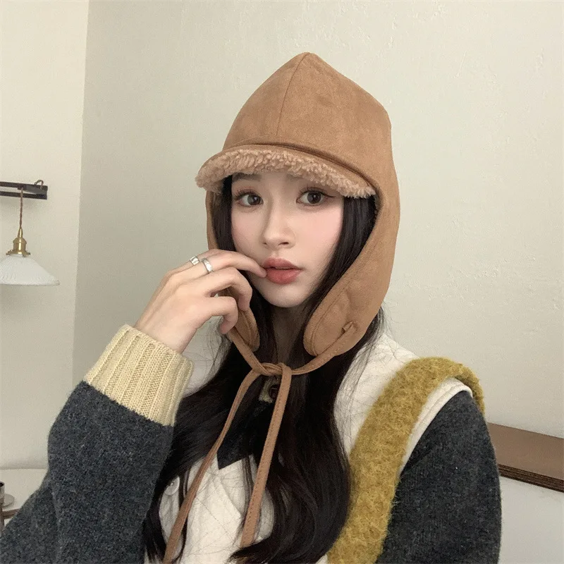 ‌ Gorro de piel de ante coreano para mujer, gorro con orejeras para mantener el calor en invierno, resistente al viento para ciclismo/esquí, gorros gruesos para exteriores