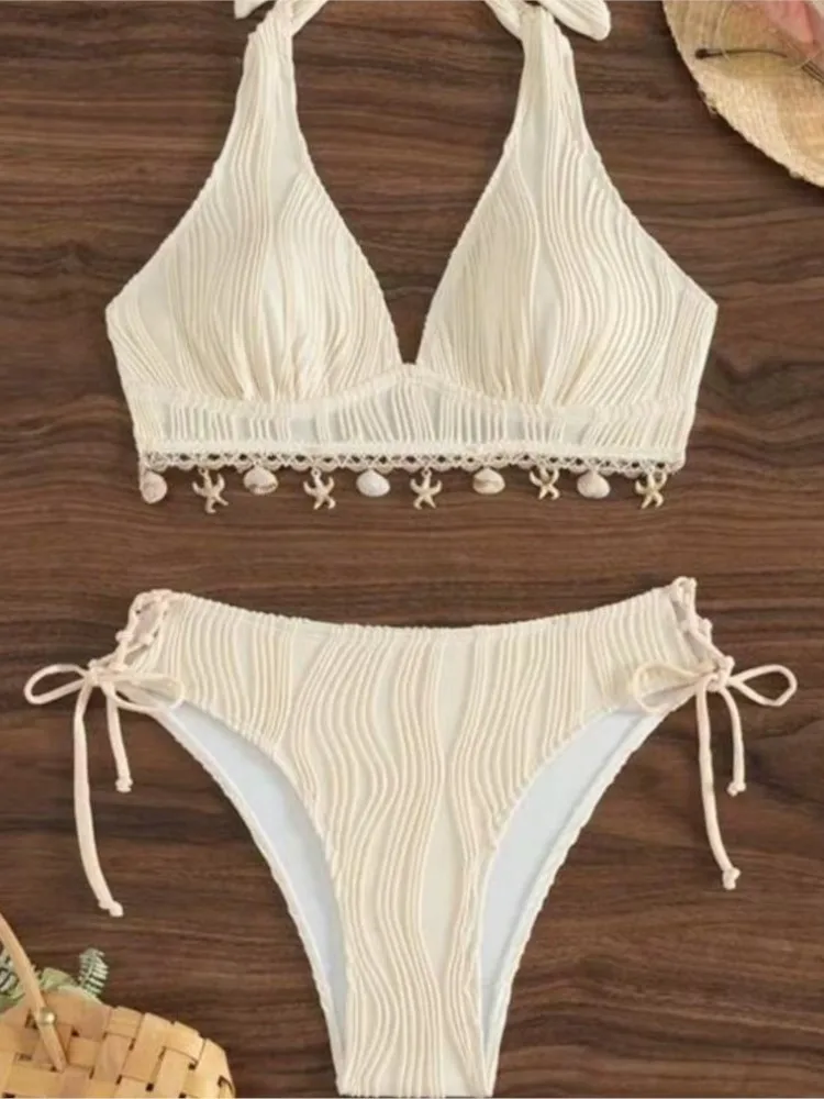 Women's Bikinis And Tankinis New Swimsuit Sexy Halter Neck Bikini Two Piece Set Solid Color Leace-up Backless Temperament Trendy
