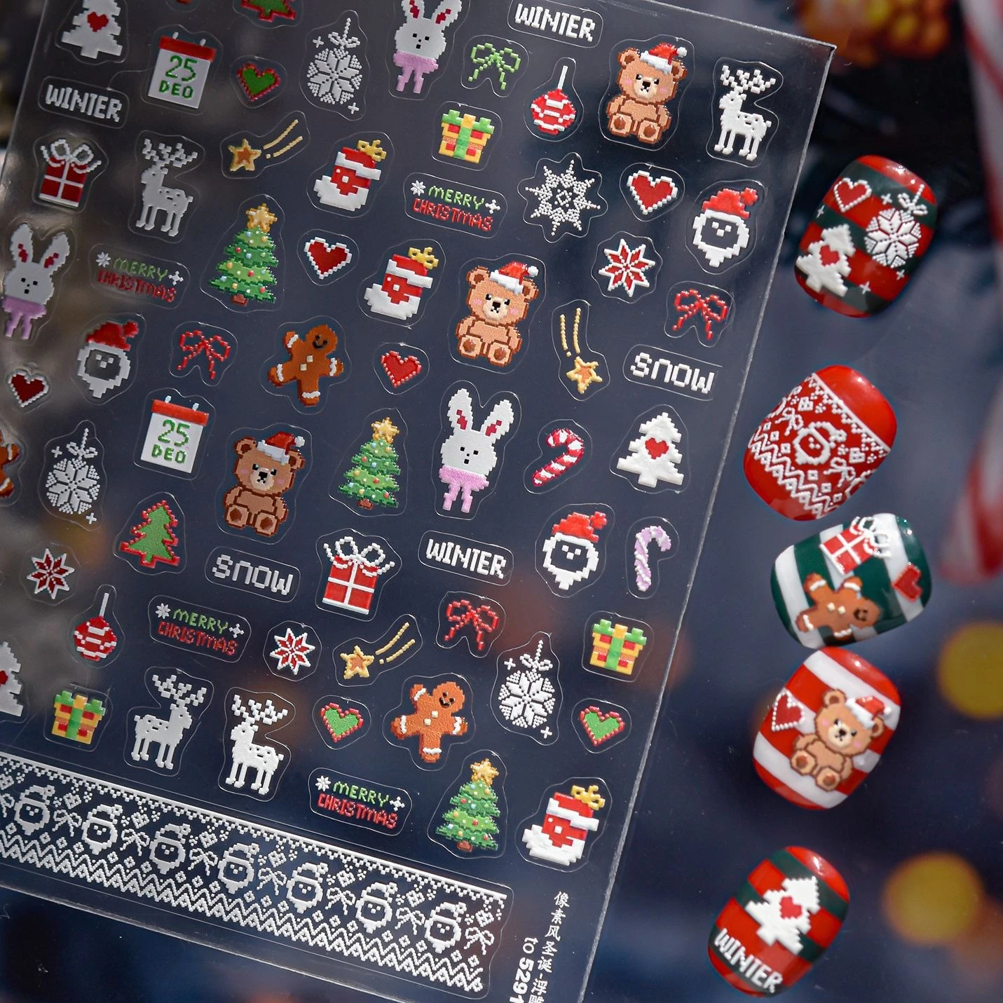 Naklejki na paznokcie w stylu pixel art, romantyczne śnieżynki, choinka, królik, niedźwiedź, zima, Święty Mikołaj, bałwan, naklejki do manicure.