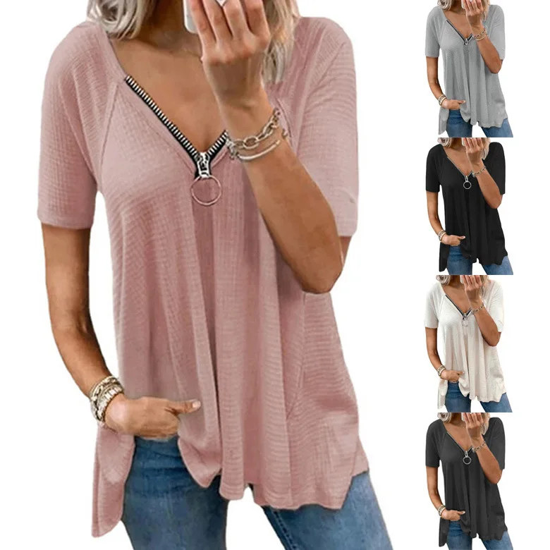

Summer New Women's Casual T-shirt Solid Color V-neck Zipper Loose Short-sleeved Top Female & Lady Clothing