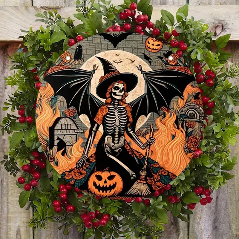 Creative Halloween Wooden Door Sign Hanging Decoration Vintage Witch Pumpkin Head Round Wreath Sign Decor Home Pendant Gifts