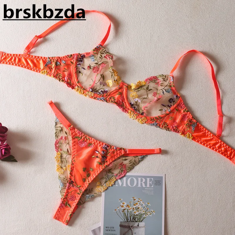 

Brskbzda Luxury Lingerie Sexy Floral Embroidery Set Woman 2 Pieces Underwire Bra Thongs Exotic Intimate Orange Underwear Sets