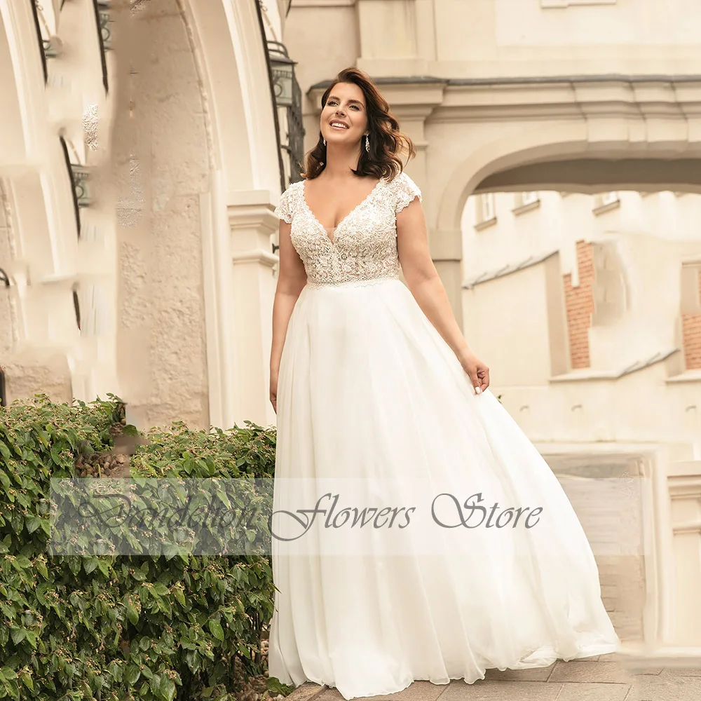 Cổ Điển Wedding Dresses Cho Phụ Nữ Cộng Với Kích Thước Cap Sleeves V-Cổ Dây Kéo Cô Dâu Gowns Voan A-Line Sweep Train Vestido De Novia