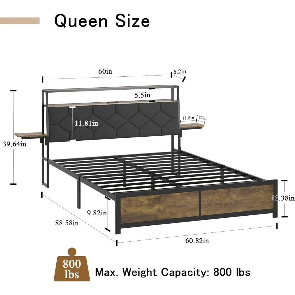 Queen Bed Frame with RGB LED Light, USB Port and Power Outlet, Headboard with Storage Space, Soft Backrest, Bed Frame