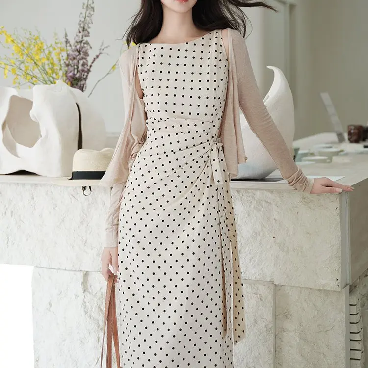 

Женское длинное платье Ele Polka Dot с завязками на талии, из льна и хлопка, во французском стиле, осеннее, повседневное, для взрослых