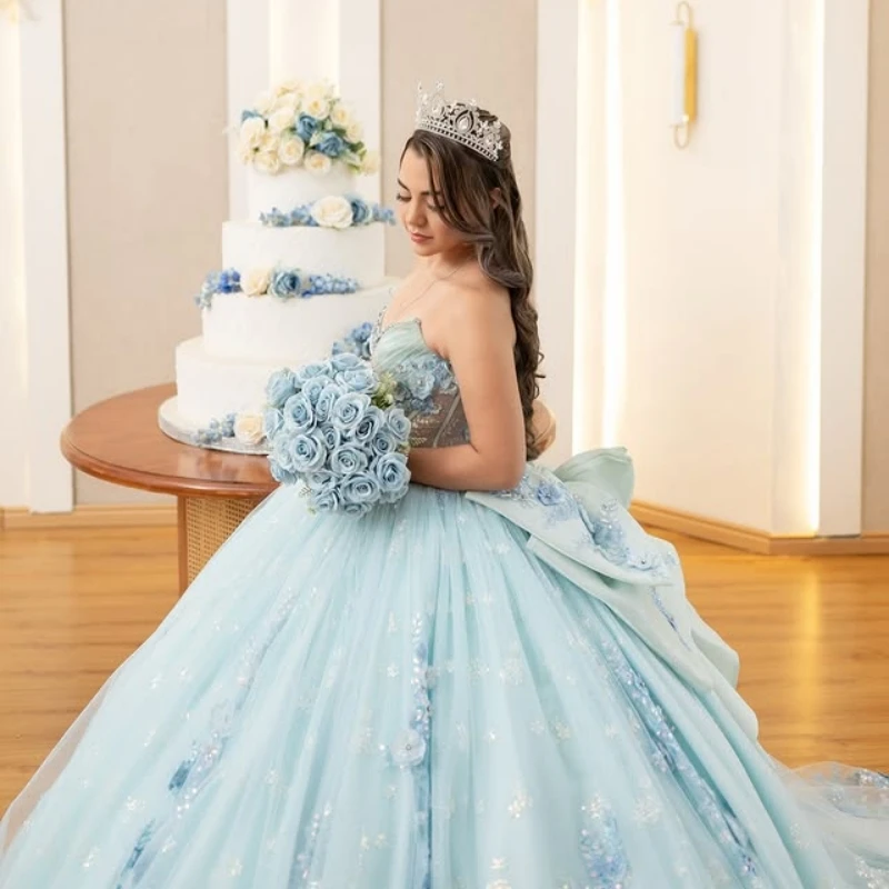 

Sky Blue Shiny Quinceanera Dresses Off The Shoulder Applique Flower Beads Corset Tull Party Birthday Sweet 16 Dress Vestidos 15