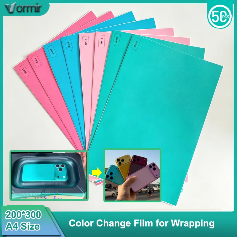 

VORMIR 50pcs A4 Size Colorful Heat Shrink Wrapping Film for Vacuum Coating Machine Transparent Phone Back Color Change Stickers