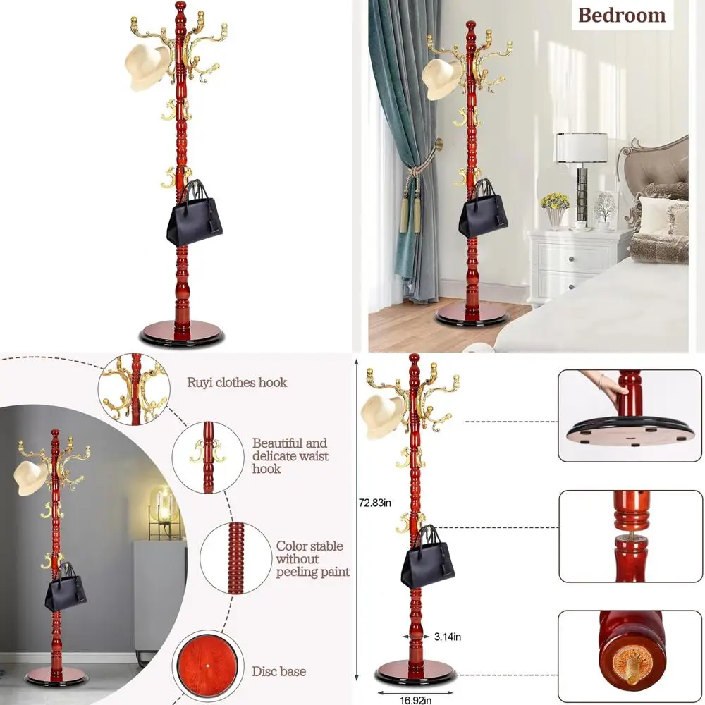 

Freestanding High-Quality Wooden Tree Coat Rack with 14 Hooks and Stable Disc Base for Coats, Jackets, and More