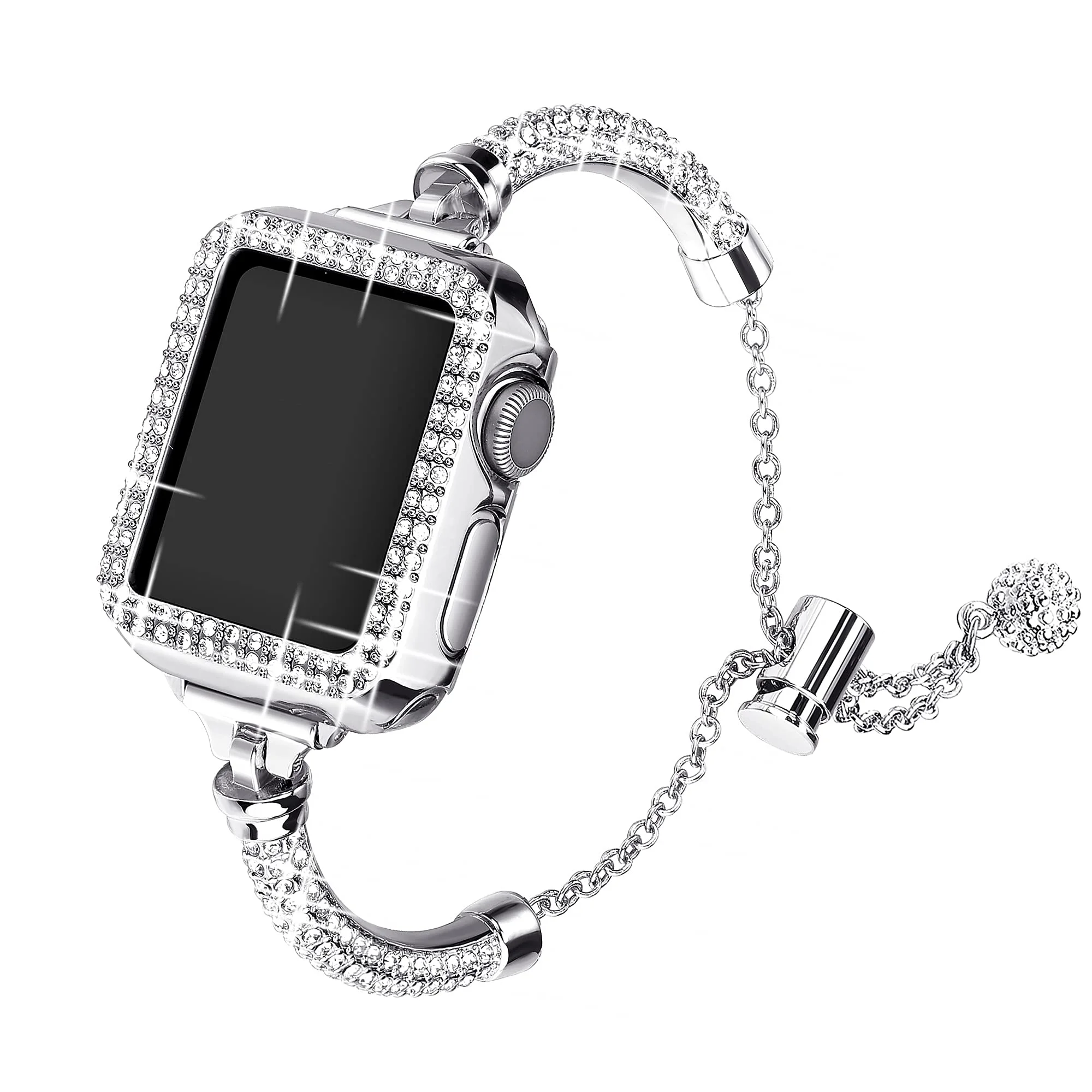 

Women Bling Band and Case for Apple Watch Band 38/40mm 41mm, Dressy Metal Bracelet with Rhinestone Bumper for iWatch8/7/SE/6/5/4