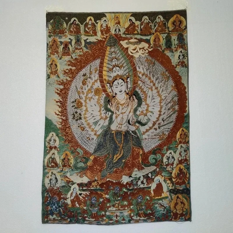 35.4″ White Parasol Buddha Mother Brocade Tibetan Tangka Embroidery Painting Gold Thread Embroidery Decorative Hanging Pictures
