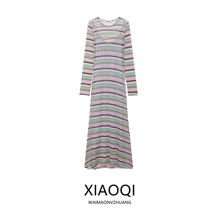 Automne 2025 nouveau femmes longue Sve Dr métal couleur ligne motif Long Dr décontracté Sle autre matériel 00% dames Faion